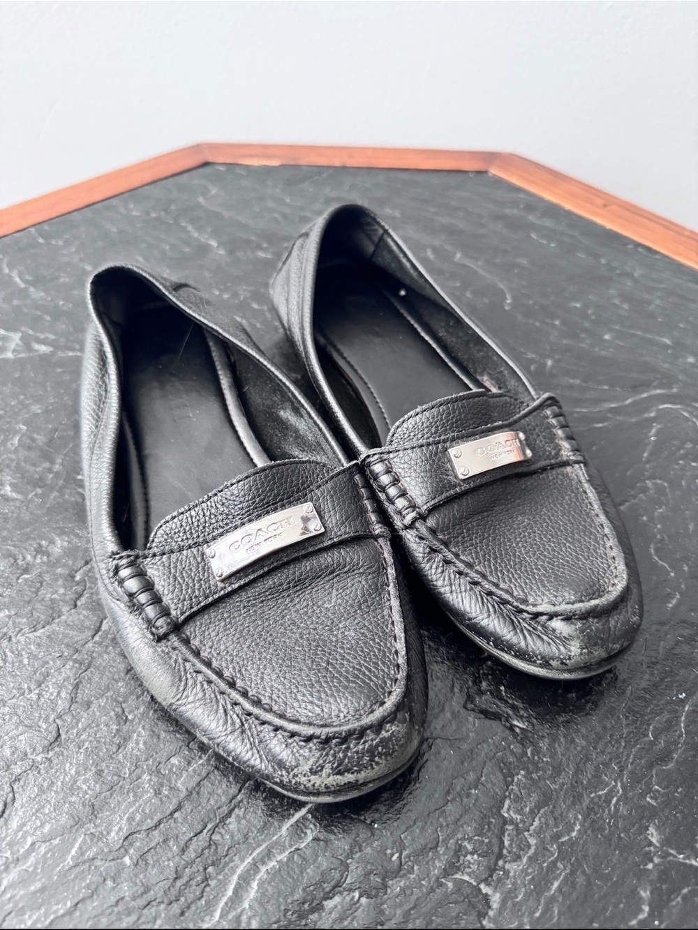 Coach Black Pebbled Leather Penny Loafers with Silver Plaque